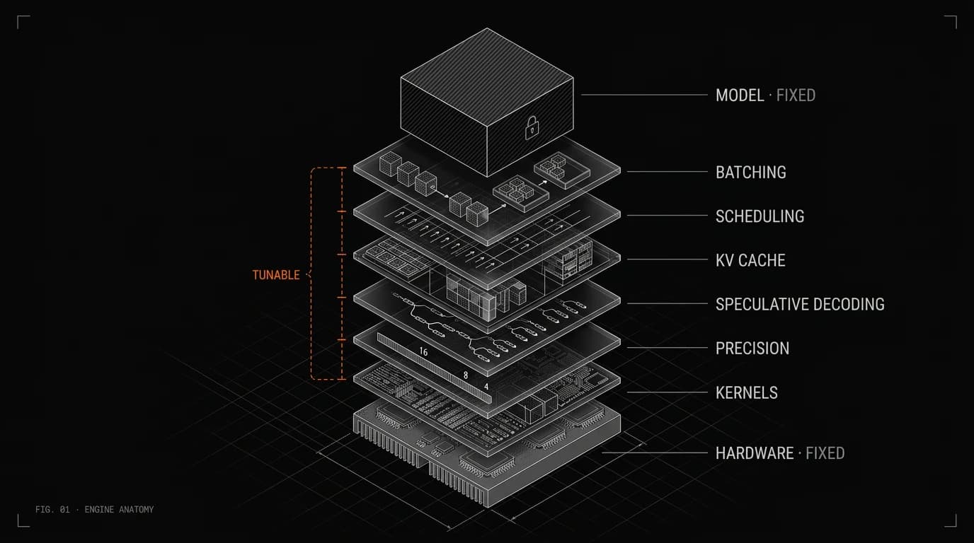 The model and the hardware are fixed. Everything between them is tunable: batching, scheduling, KV cache, speculative decoding, precision, and kernels.